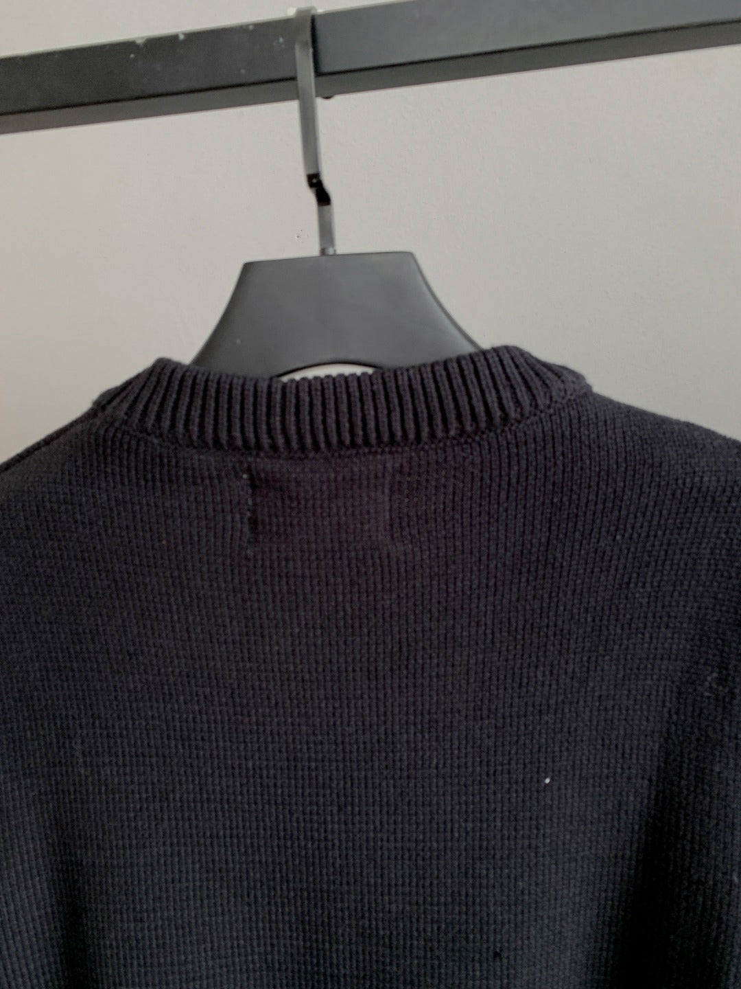 Gucci knit sweater back view with ribbed collar in dark gray knit