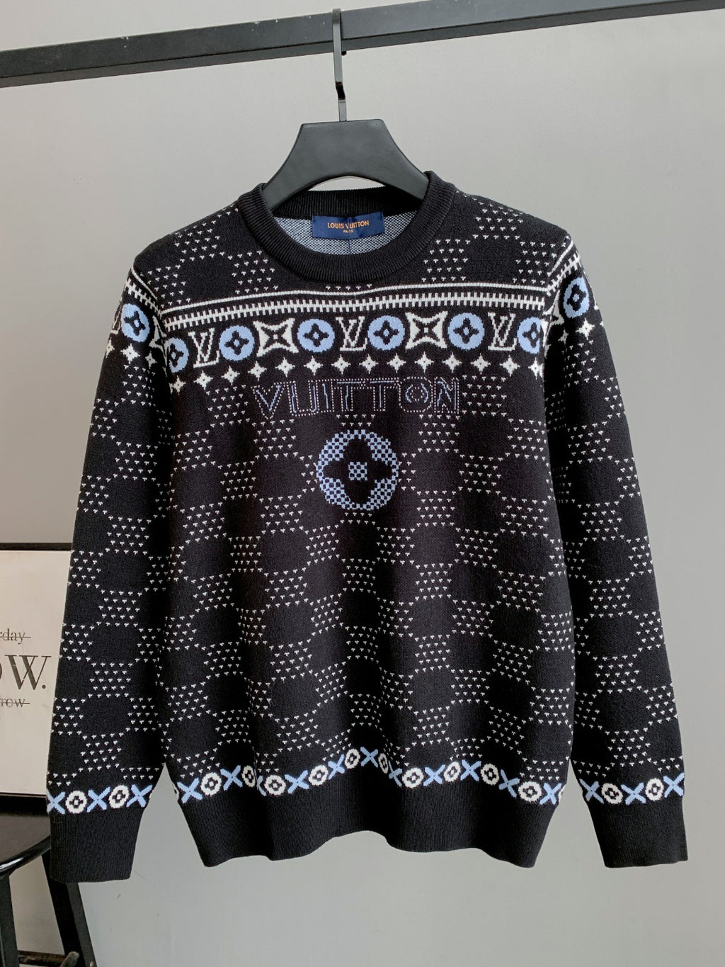 Crew-neck long-sleeve knit sweater in dark with white monogram pattern