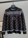 Crew-neck long-sleeve knit sweater in dark with white monogram pattern