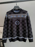 Crew-neck long-sleeve knit sweater in dark with white monogram pattern