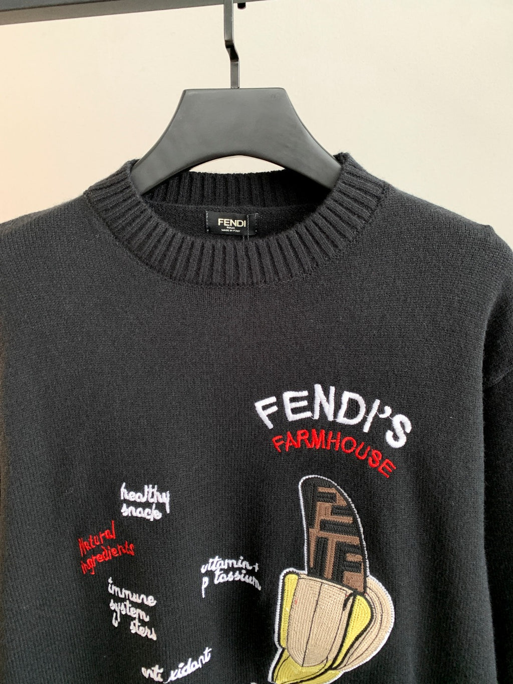Black Fendi crewneck sweater with Farmhouse graphic and multicolor logo print