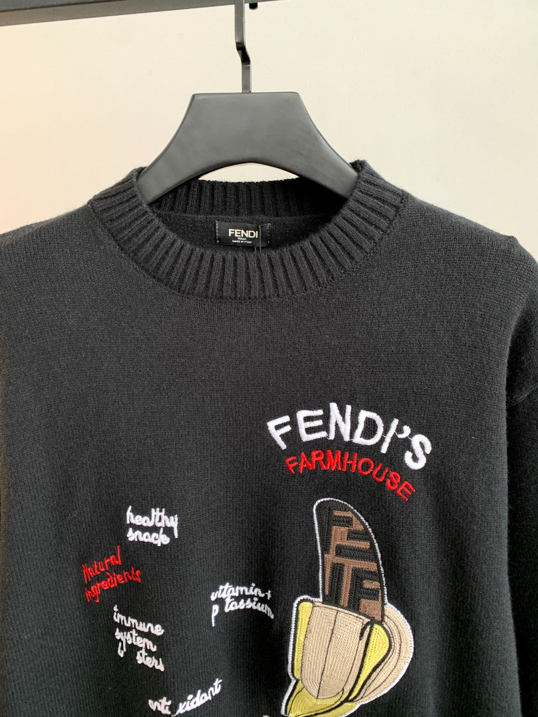 Black Fendi crewneck sweater with Farmhouse graphic and multicolor logo print