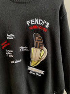 Black Fendi crewneck sweater with Farmhouse-style cartoon graphic on chest