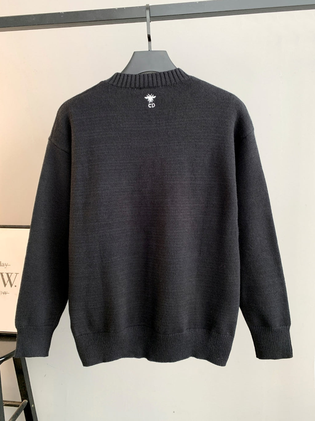 Dark charcoal knit crewneck sweater, small Dior logo on upper back