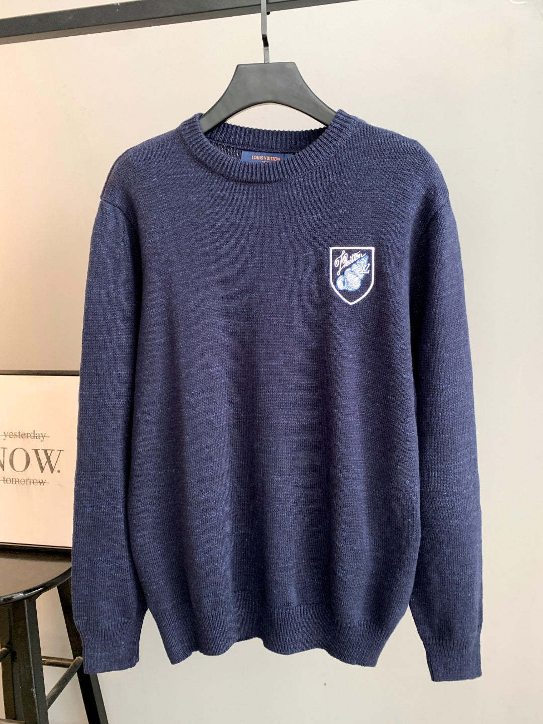 Louis Vuitton crewneck long-sleeve sweater in dark blue knit, crest patch at chest