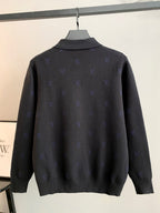Long-sleeve polo sweater in dark gray with blue monogram pattern, back view