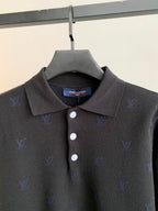 Long-sleeve polo sweater with dark collar and three button placket, blue monogram