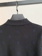 Long-sleeve polo sweater collar and upper back in dark gray with blue monogram