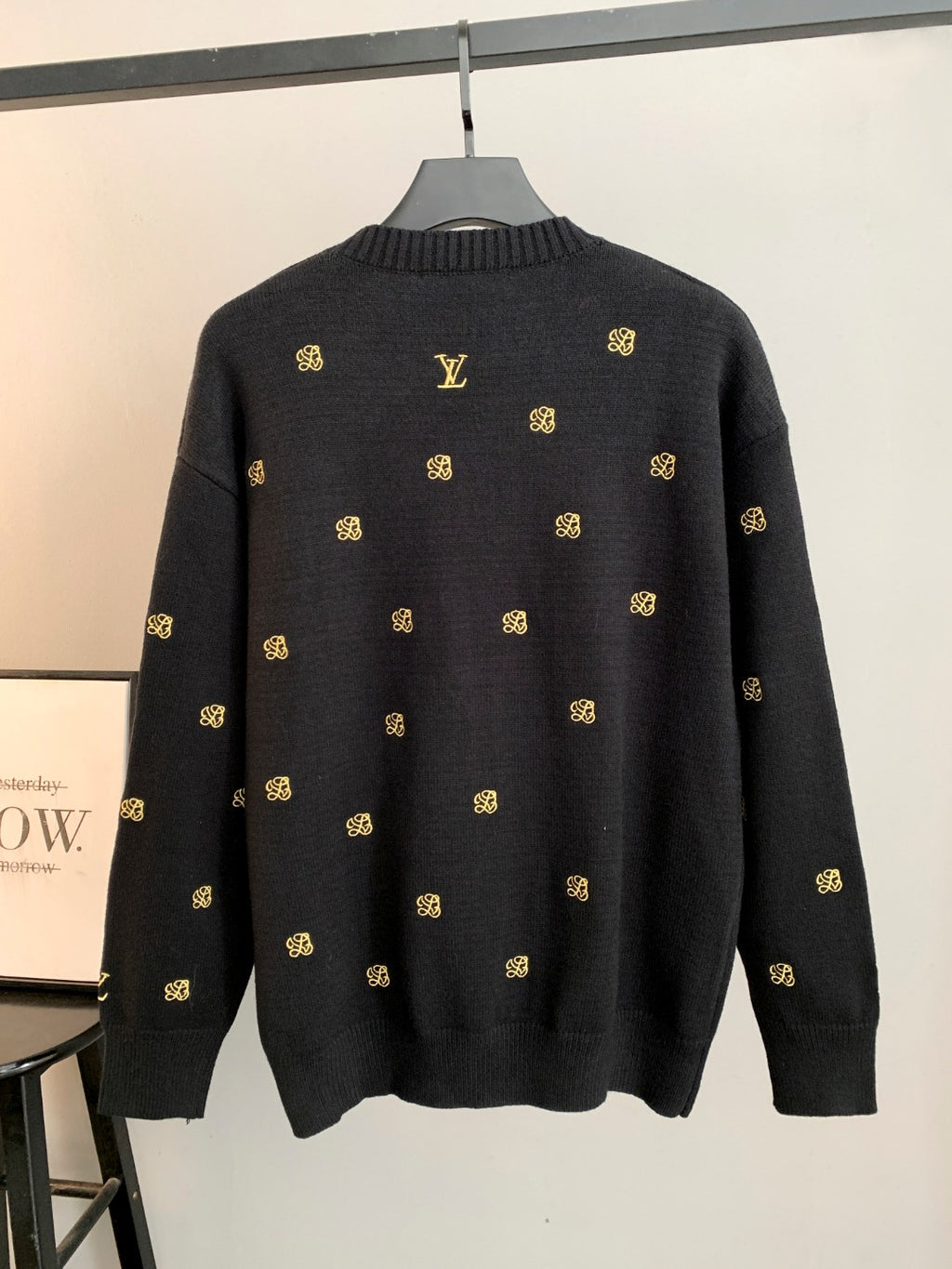 Long-sleeve knit sweater back, dark with gold monogram and LV logo allover.