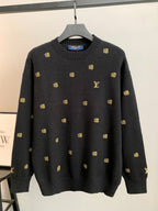 Long-sleeve knit sweater, dark with gold monogram and LV logo allover.