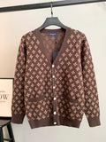 Brown monogram cardigan with front buttons and two flap pockets