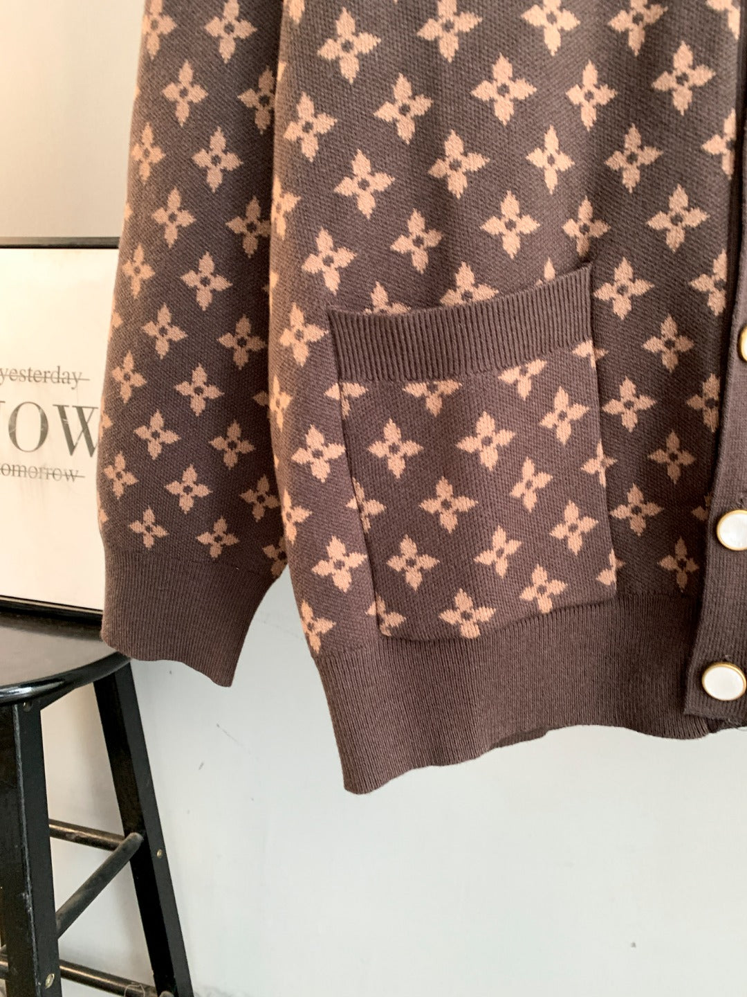 Brown monogram cardigan with chest pocket detail and ribbed hem