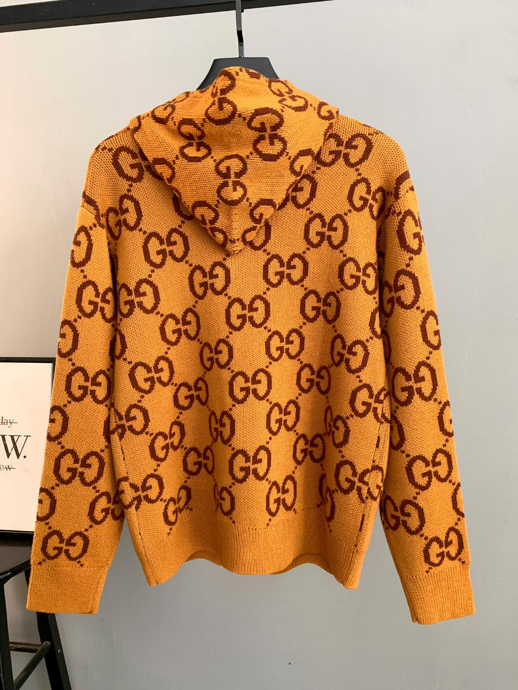 Gucci GG monogram knit sweater back view, orange with crew neck