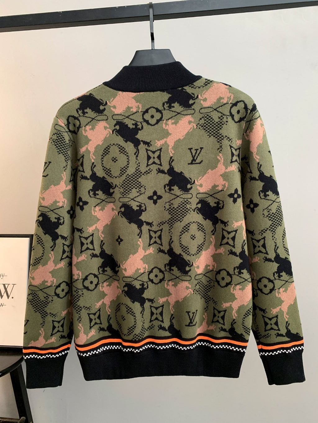 Louis Vuitton monogram zip-up jacket back, ribbed hem, orange zipper trim, multicolor camo