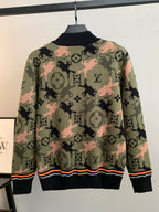 Louis Vuitton monogram zip-up jacket back, ribbed hem, orange zipper trim, multicolor camo
