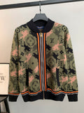 Louis Vuitton monogram zip-up jacket, ribbed collar, orange zipper trim, multicolor camo