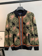 Louis Vuitton monogram zip-up jacket, ribbed collar, orange zipper trim, multicolor camo