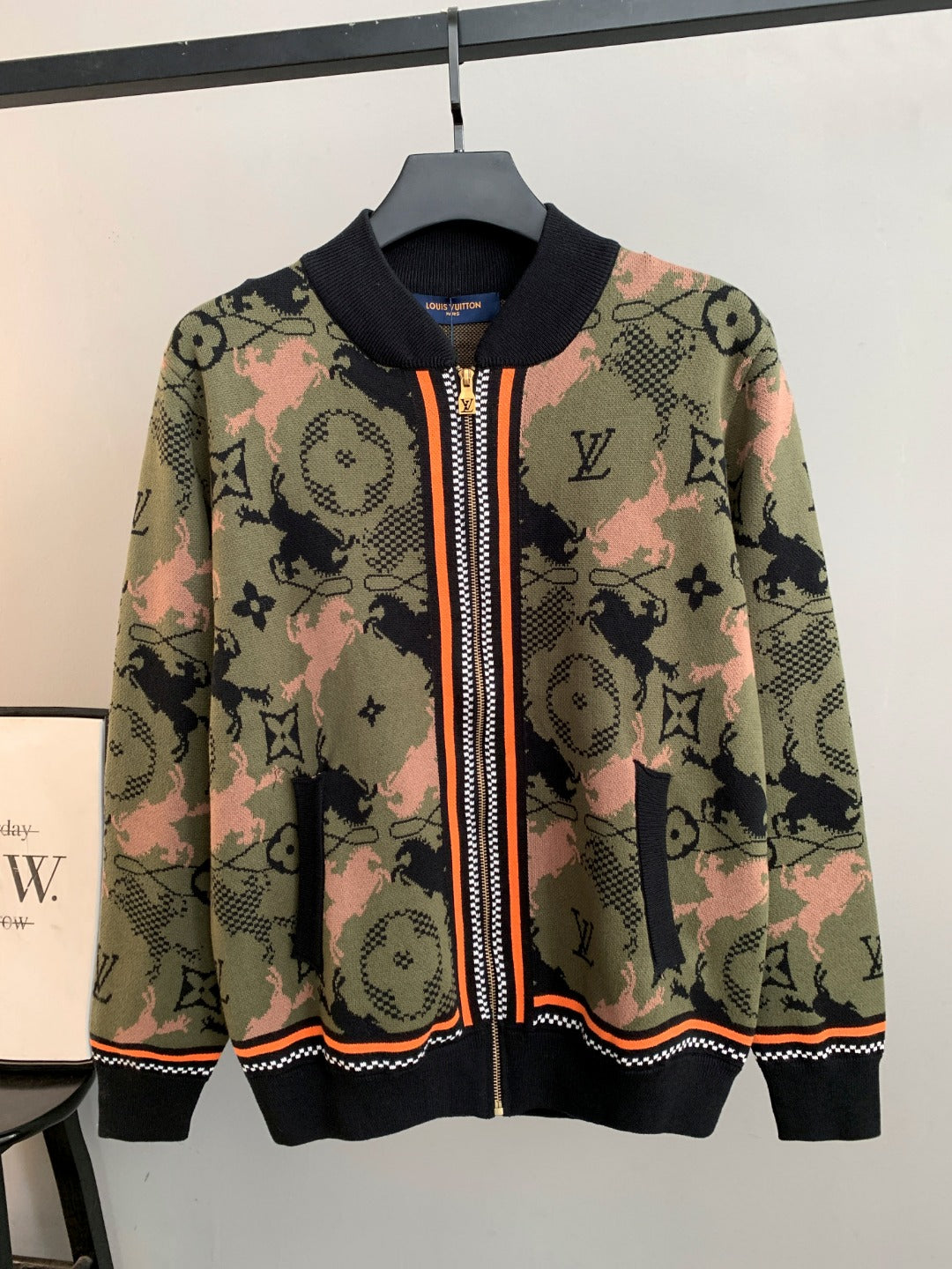Louis Vuitton monogram zip-up jacket, ribbed collar, orange zipper trim, multicolor camo