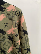 Louis Vuitton monogram zip-up jacket side, multicolor camo pattern with dark logos