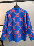 Blue knit sweater with allover red and white GG pattern, long sleeves