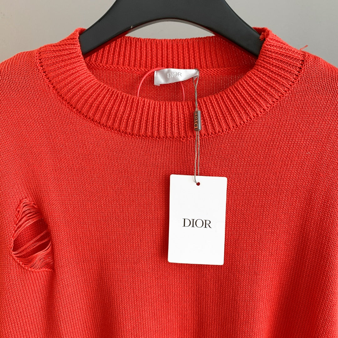 Dior red knit sweater neckline with ribbed collar and Dior hang tag