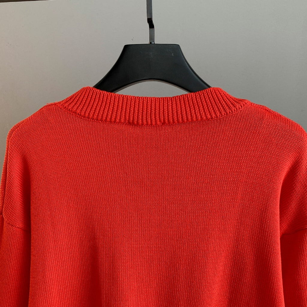 Dior red knit sweater upper back with ribbed yoke and collar