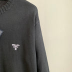 Prada logo knit sweater, dark gray crew neck; chest logo detail