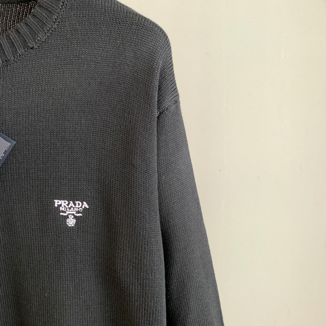 Prada logo knit sweater, dark gray crew neck; chest logo detail