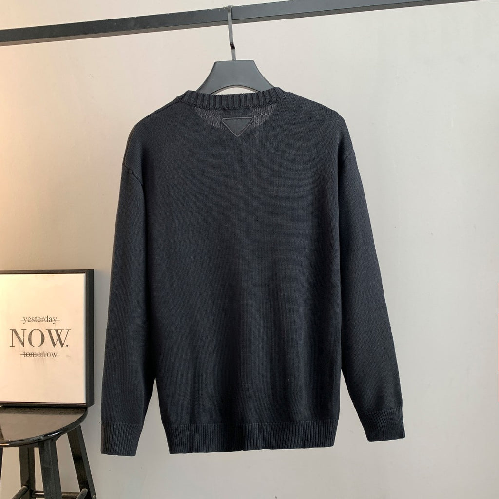 Prada long-sleeve knit sweater, dark gray, ribbed crew neck; plain back