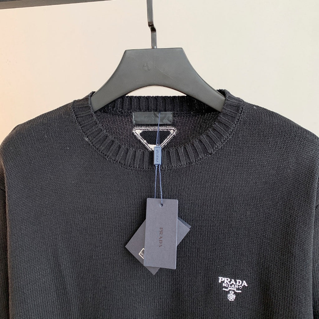 Prada knit sweater with ribbed crew neck, dark gray; small logo at chest