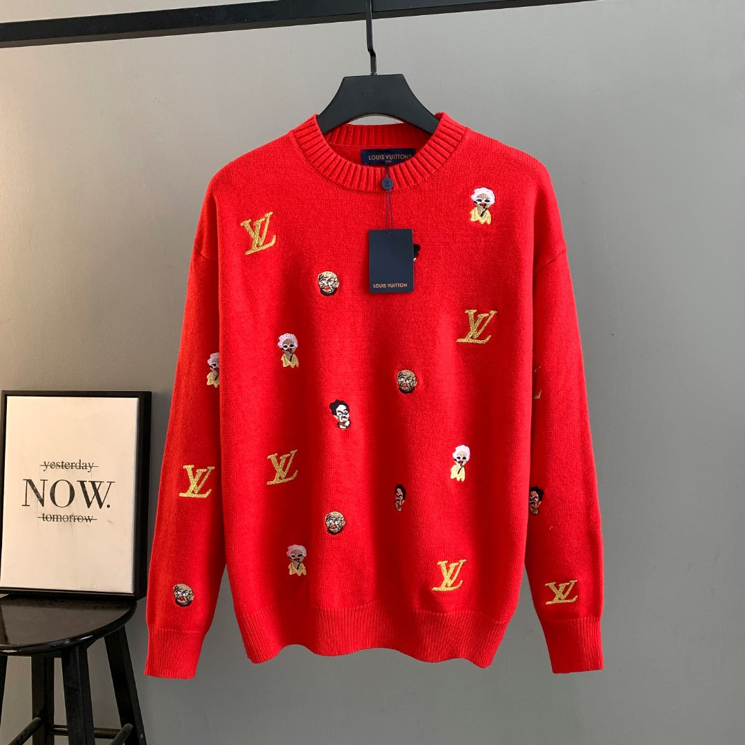 Red long-sleeve knit sweater with playful face and Louis Vuitton logo patches