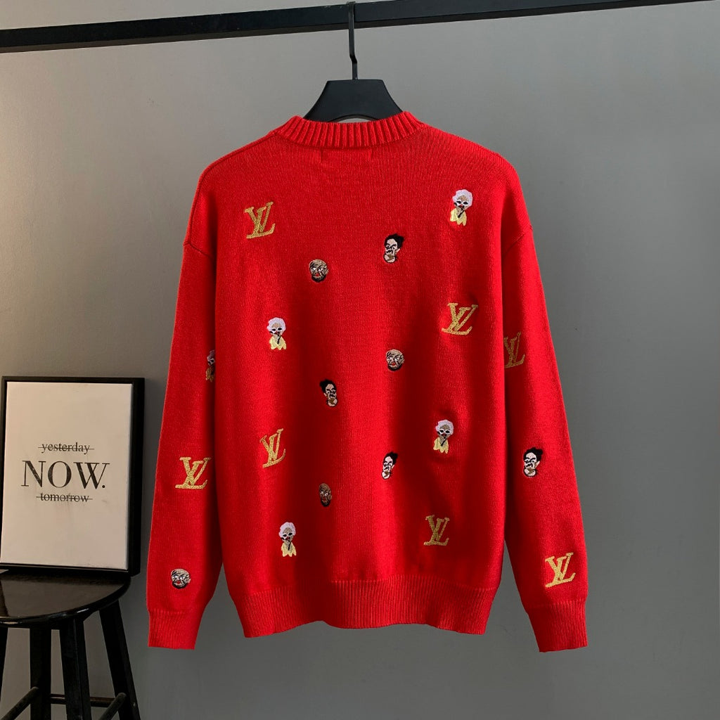 Red knit sweater with ribbed crew neck and scattered face plus Louis Vuitton logos