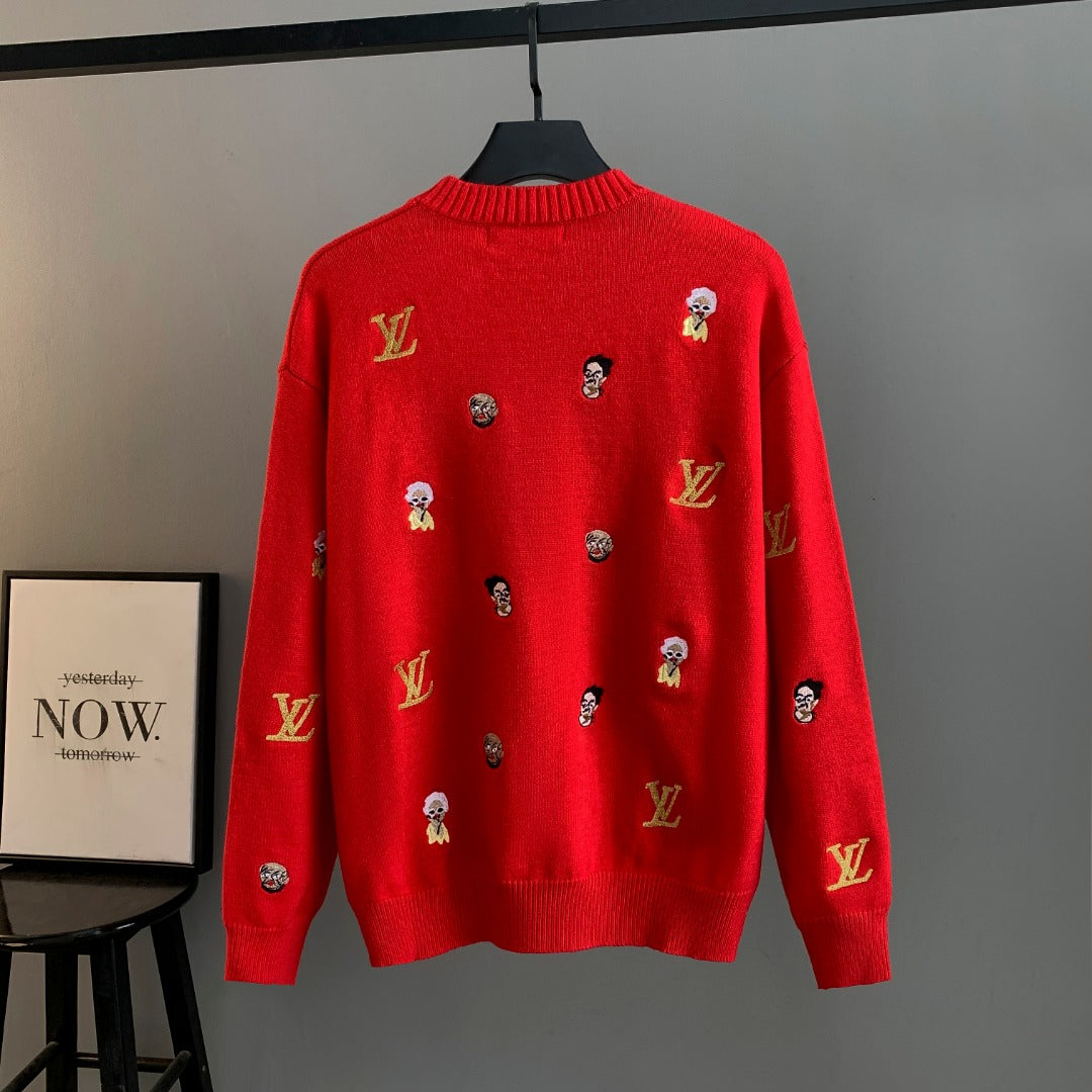 Red knit sweater with ribbed crew neck and scattered face plus Louis Vuitton logos