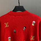 Red sweater back view with embroidered face patches and Louis Vuitton logos