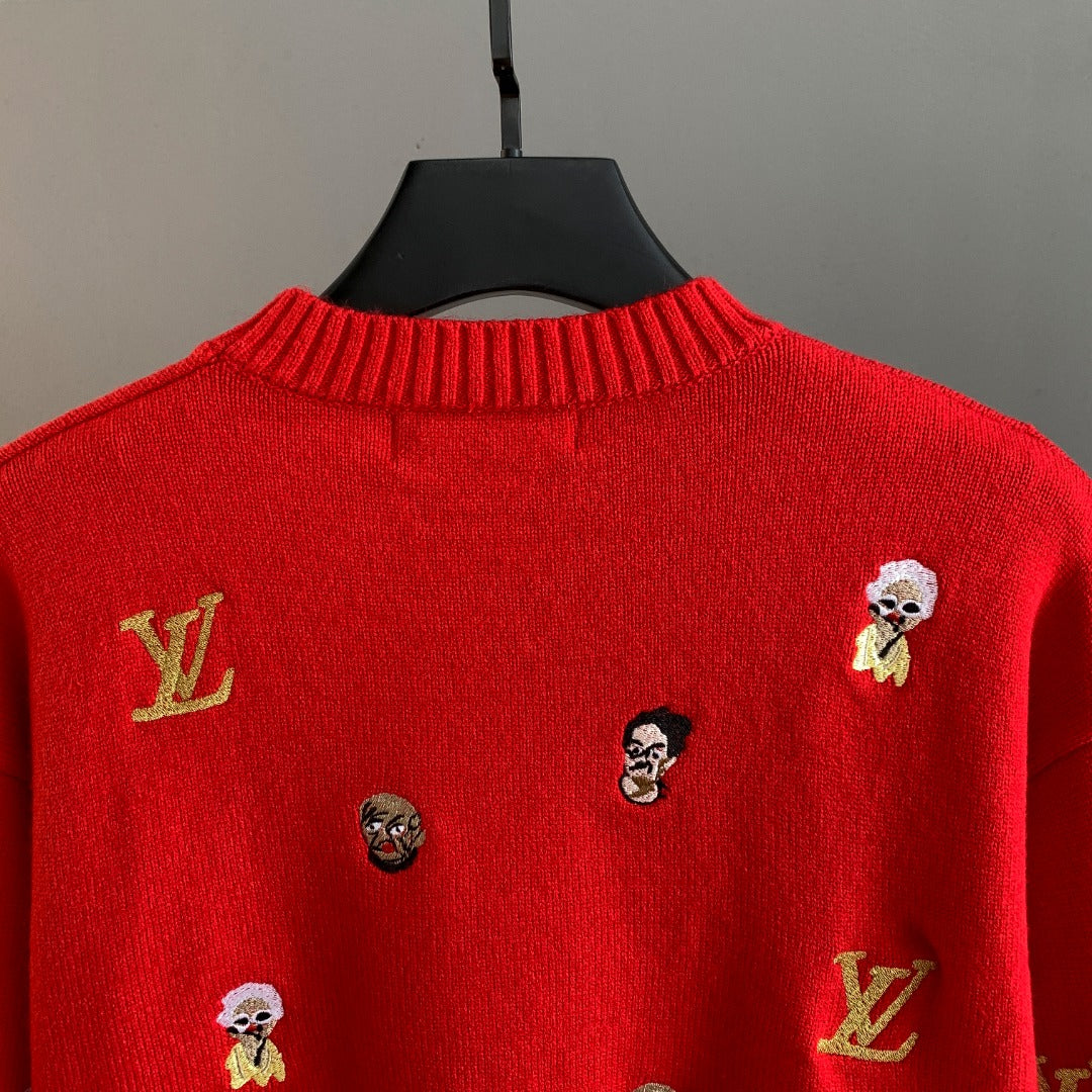 Red sweater back view with embroidered face patches and Louis Vuitton logos