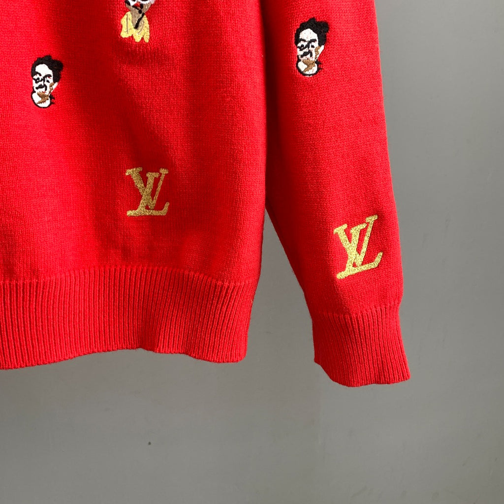 Red sweater back hem and sleeve cuff with Louis Vuitton logos embroidered