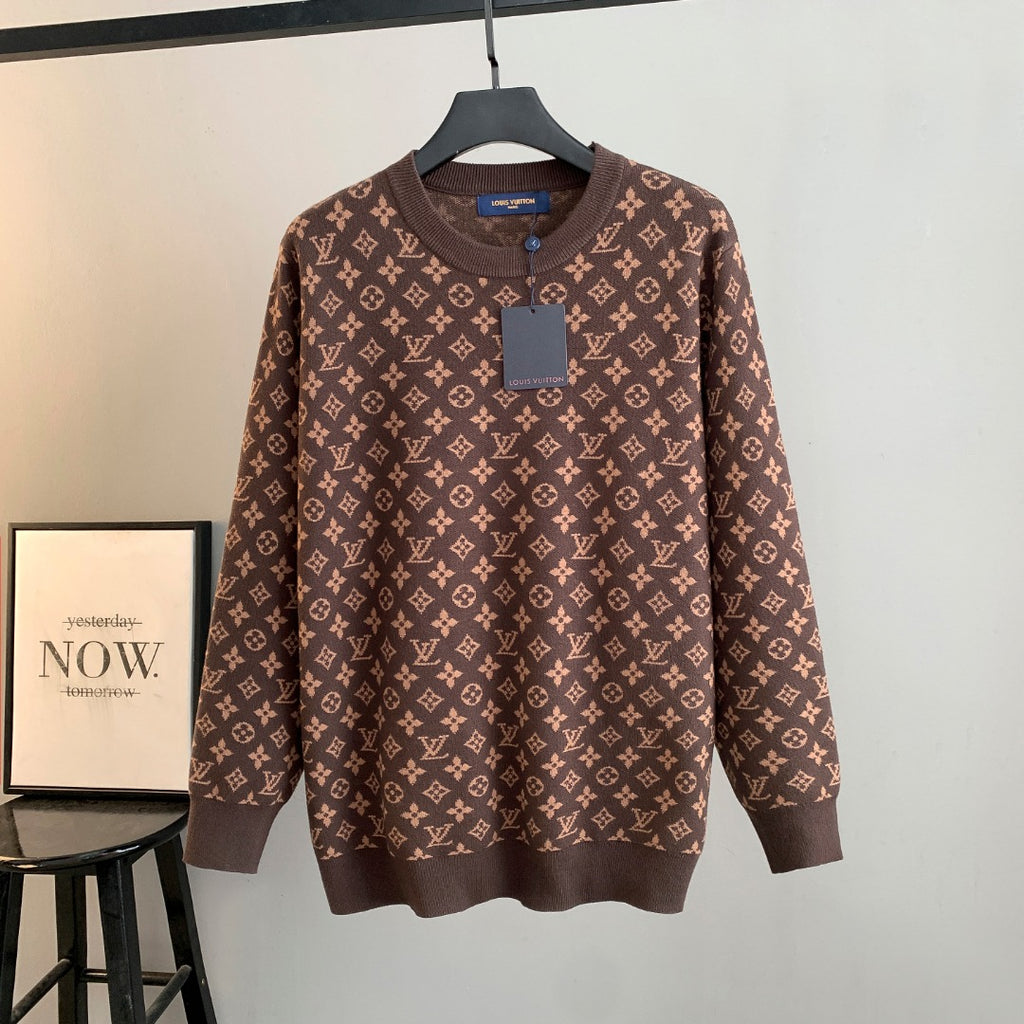 Long-sleeve knit sweater with LV monogram pattern, dark brown