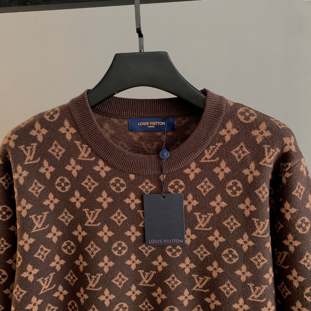 Long-sleeve knit sweater, dark brown with LV monogram, ribbed crew neck