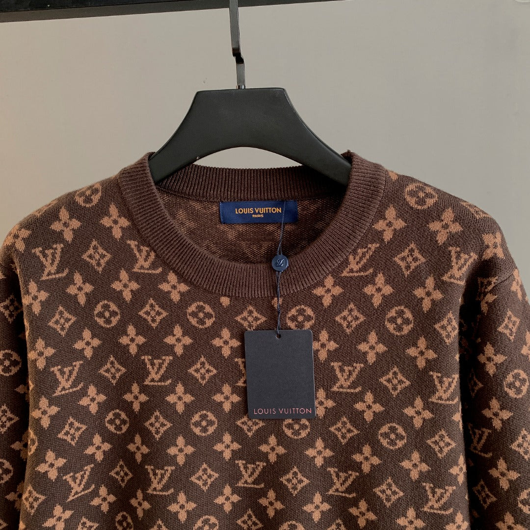 Long-sleeve knit sweater, dark brown with LV monogram, ribbed crew neck