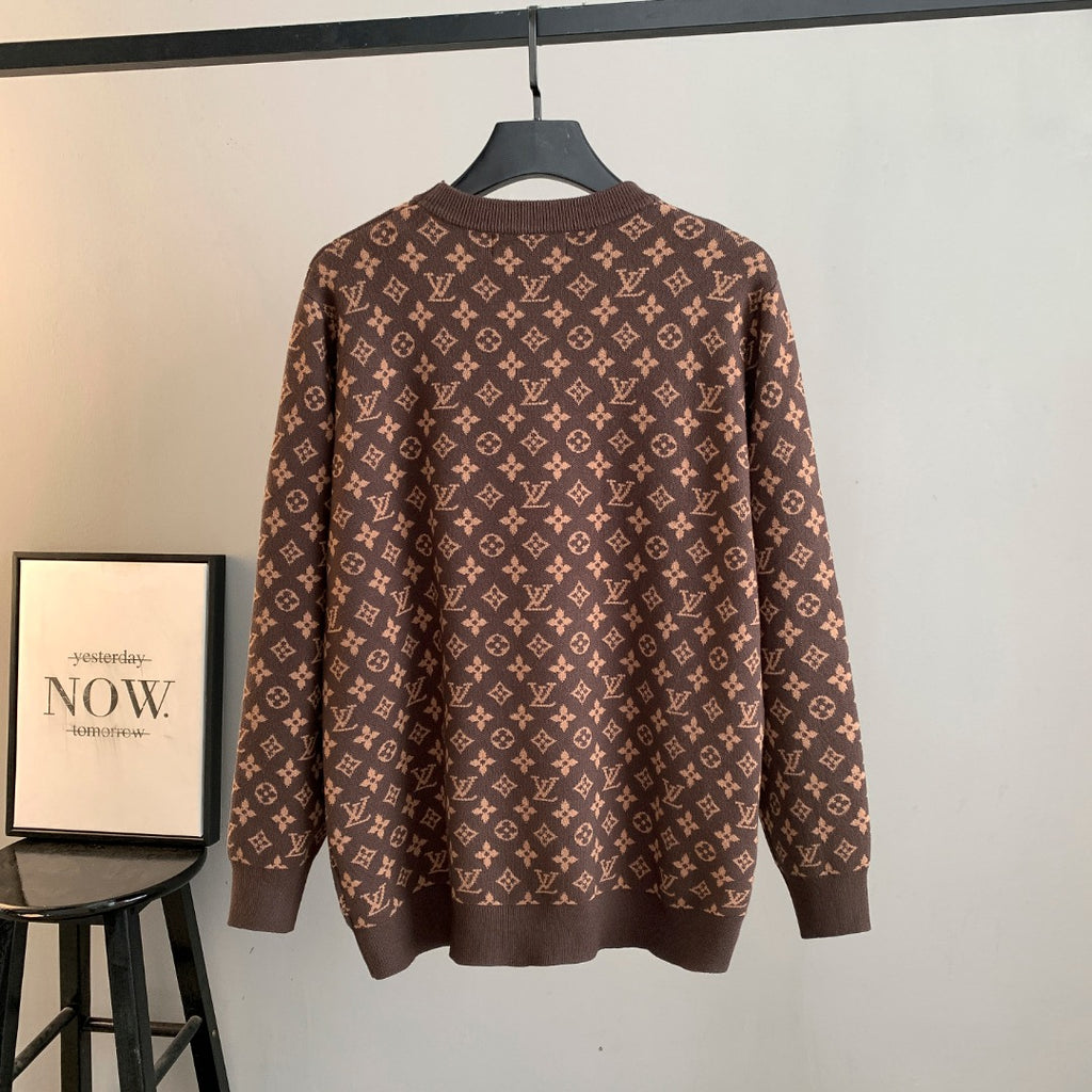 Long-sleeve knit sweater with LV monogram pattern, dark brown (back view)