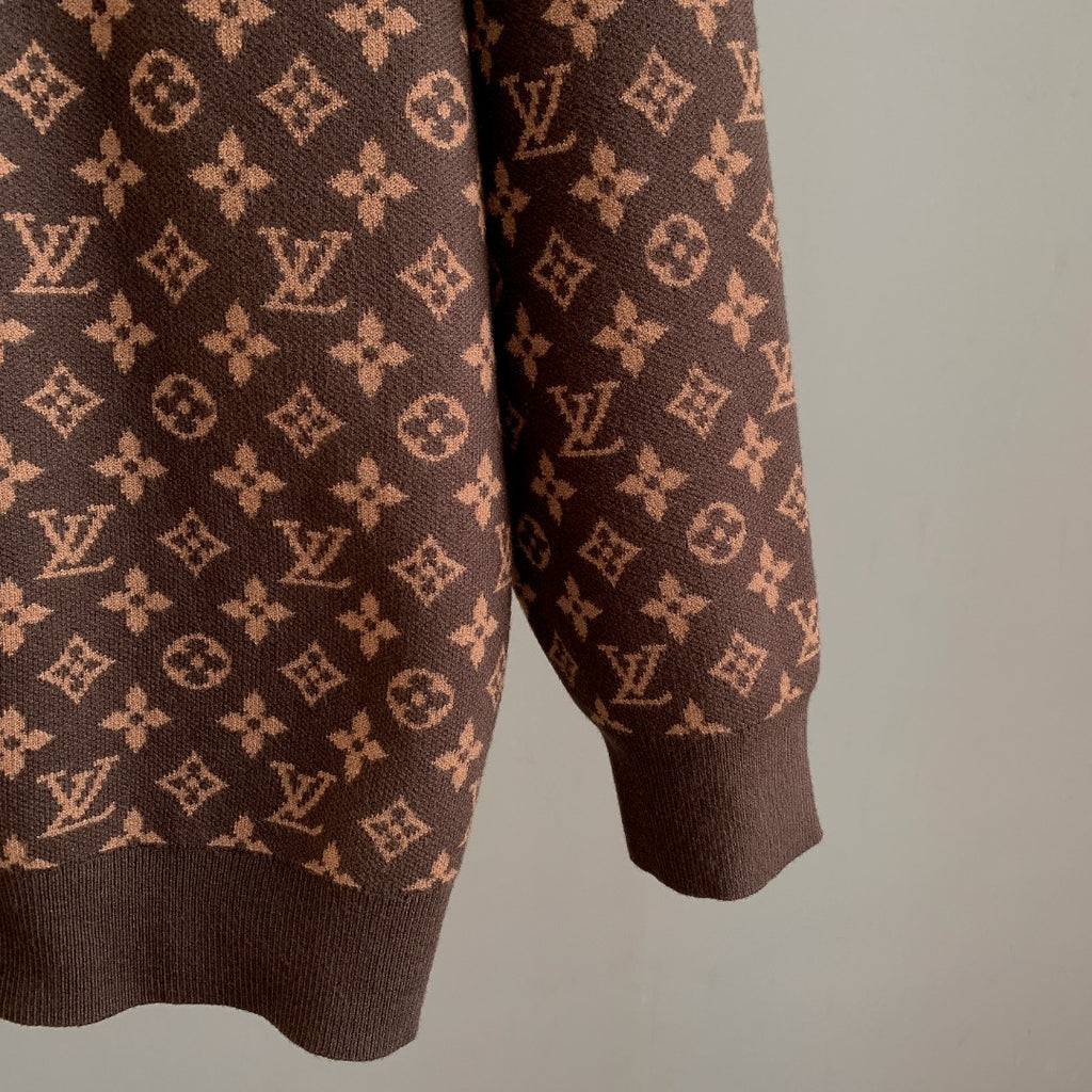 Long-sleeve knit sweater with LV monogram pattern, dark brown hem
