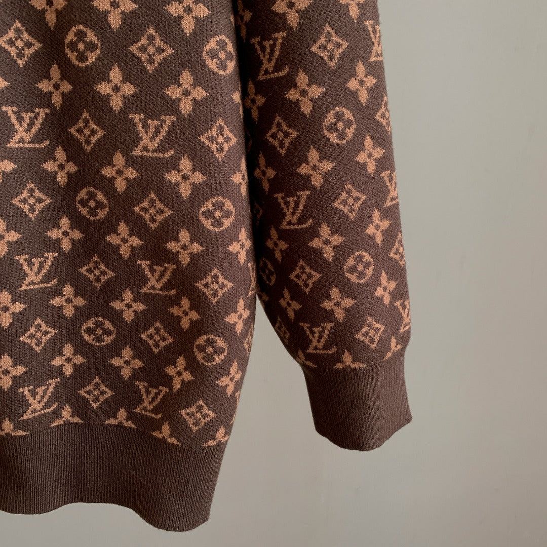 Long-sleeve knit sweater with LV monogram pattern, dark brown hem