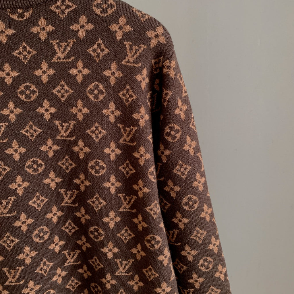 Long-sleeve knit sweater side panel with LV monogram pattern, dark brown