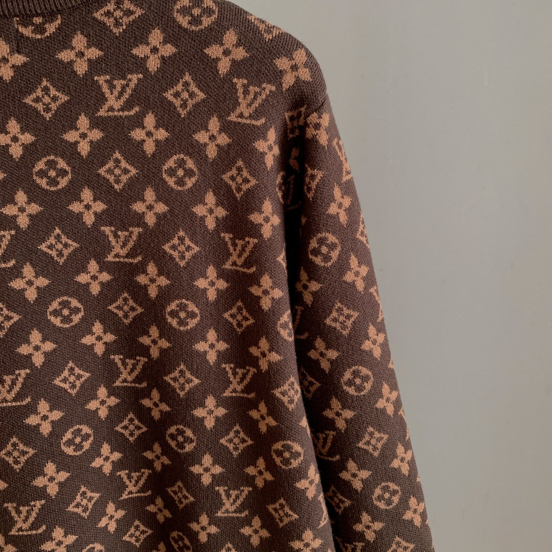 Long-sleeve knit sweater side panel with LV monogram pattern, dark brown