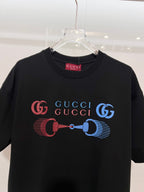 Black Gucci T-shirt close-up of GG logo and colorful horse-bit graphic