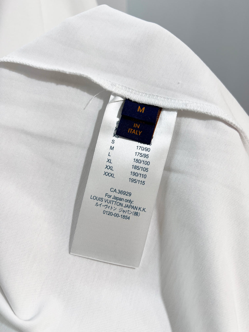 White T-shirt size label inside collar with sizing and care text
