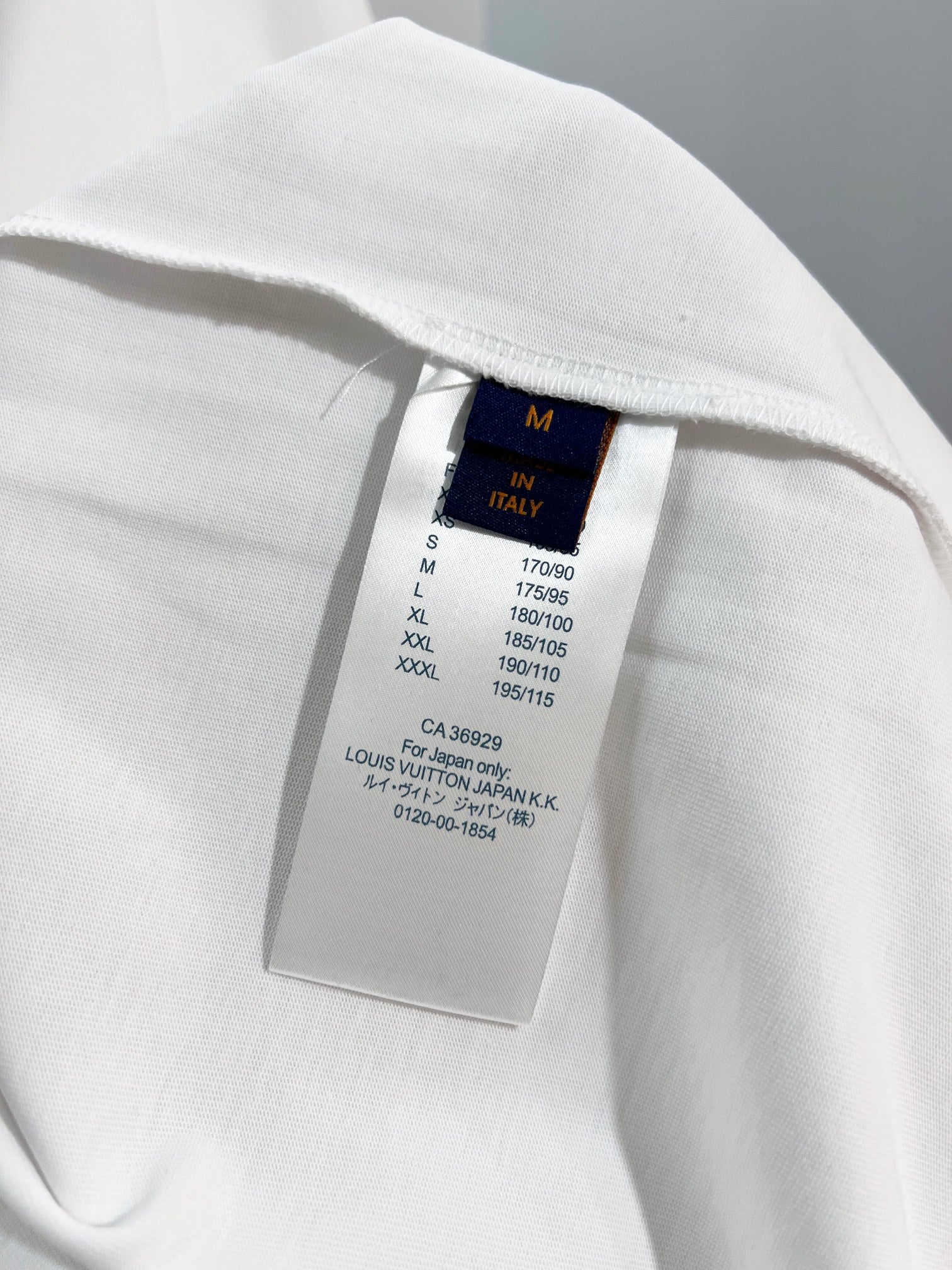 White T-shirt size label inside collar with sizing and care text