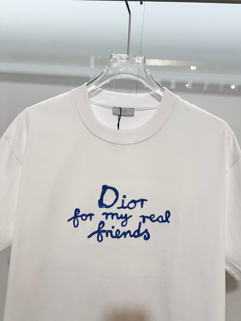 White Dior short-sleeve T-shirt with blue 'Dior for my real friends' print
