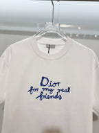 White Dior short-sleeve T-shirt with blue 'Dior for my real friends' print