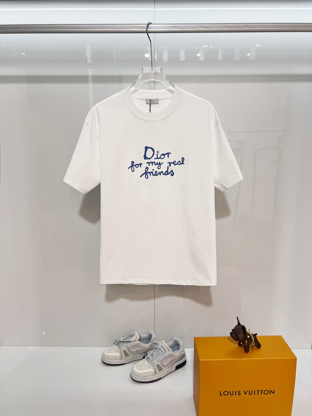 White Dior short-sleeve T-shirt with blue 'Dior for my real friends' print
